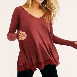 Free People We The Free Tangerine Tee Waffle Knit Tiered Tunic Brick Red Size XS